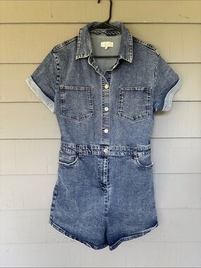 Denim Short-Sleeve Romper - Blue